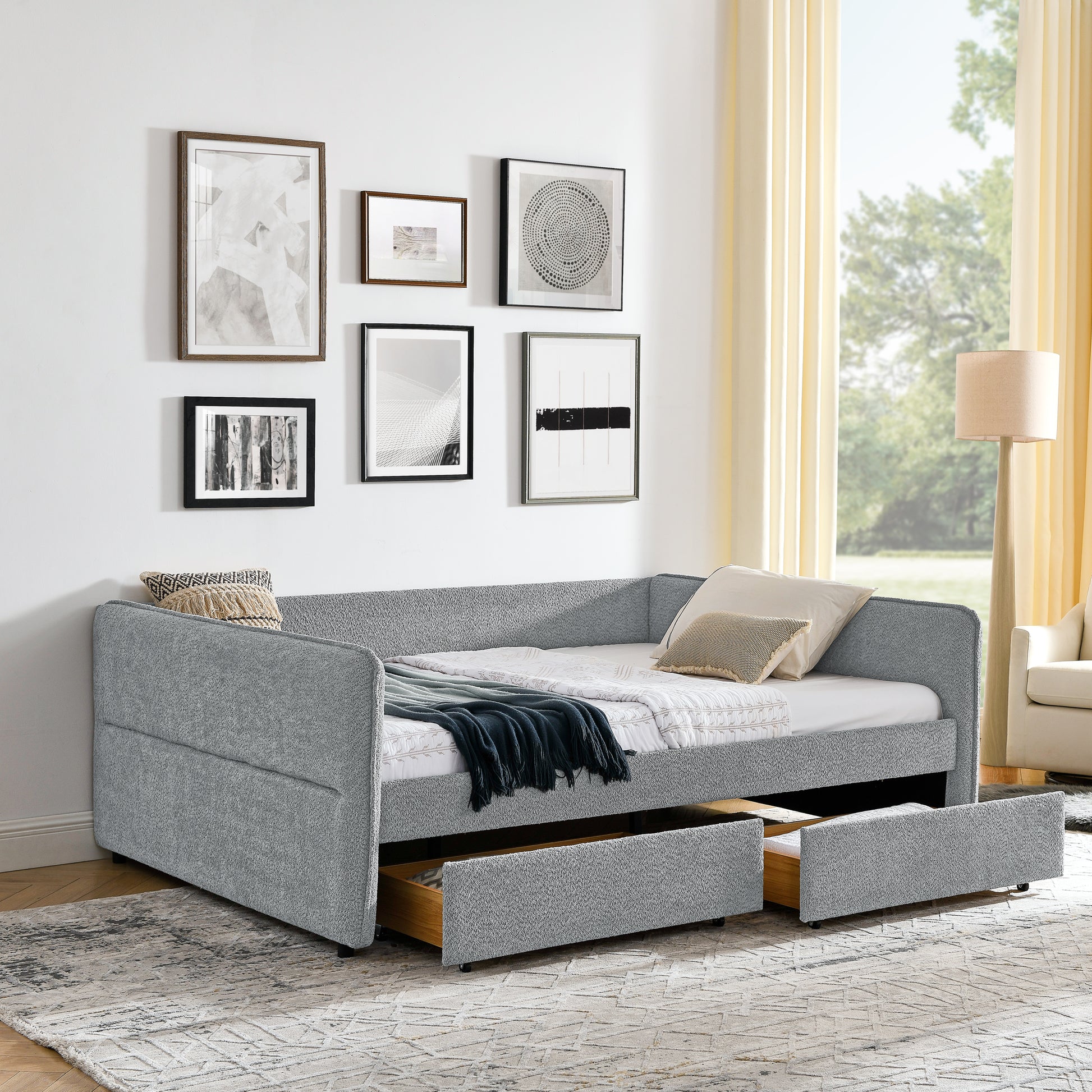 Daybed With Trundle Upholstered Tufted Sofa Bed, With Two Drawers, Queen Size, Boucle Fabric, Grey 88"X65.5"X29.5" Grey Boucle