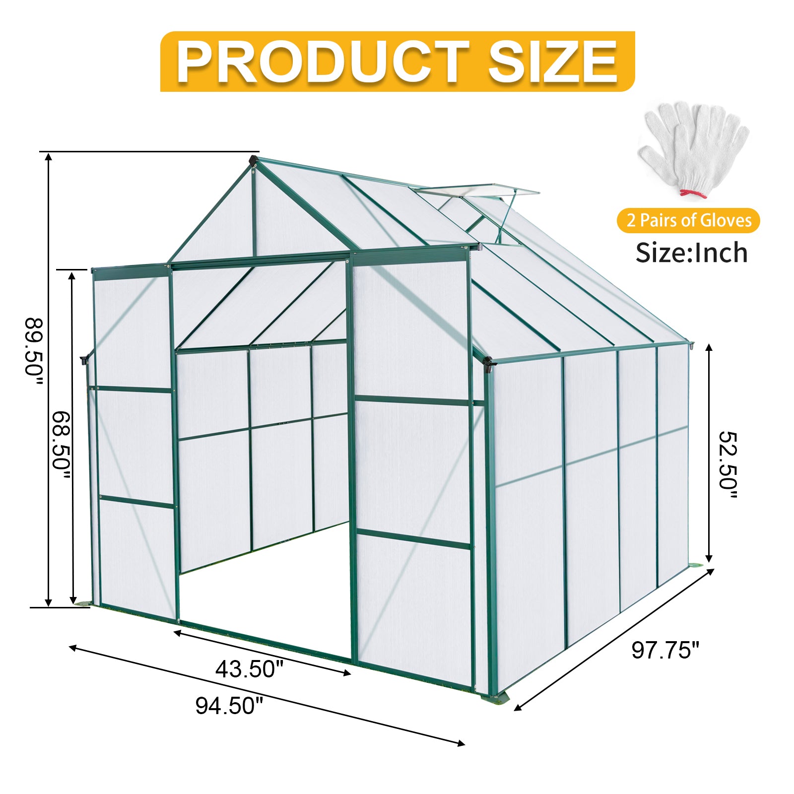 8X8 Ft Double Door Polycarbonate Greenhouse Raised Base And Anchor Aluminum Heavy Duty Walk In Greenhouses For Outdoor Backyard In All Season,Green Green Aluminium