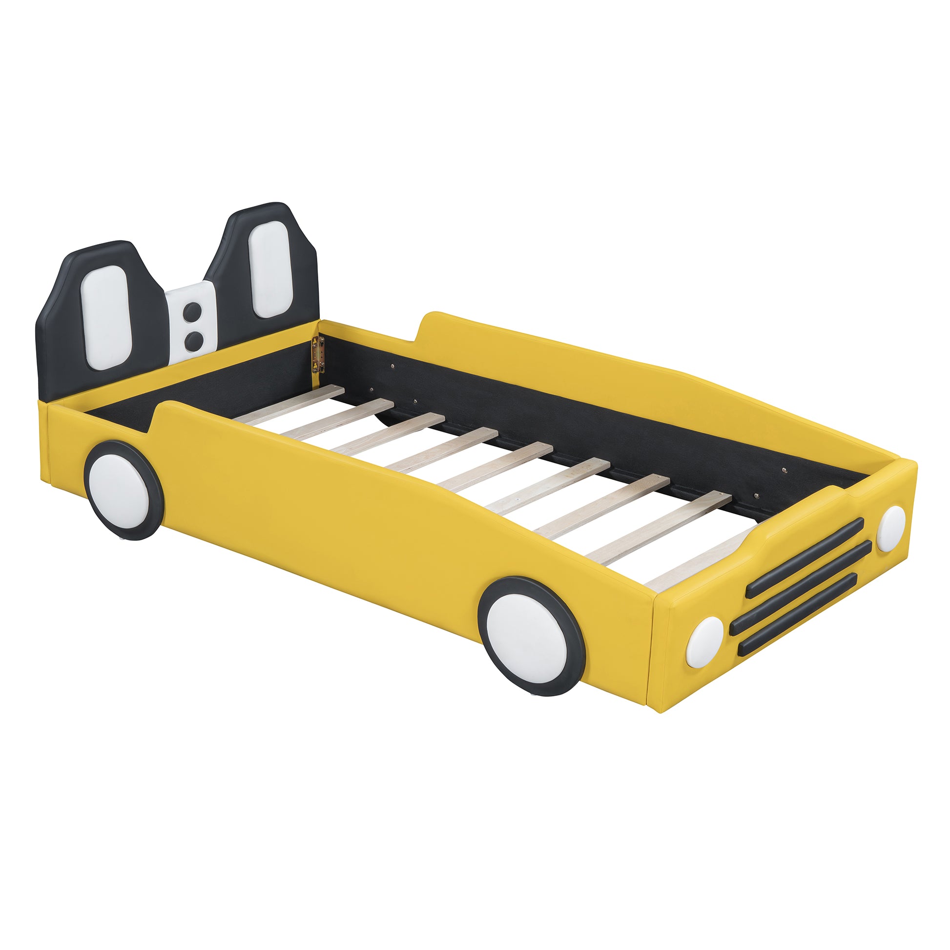 Twin Size Race Car Shaped Platform Bed With Wheels,Yellow Yellow Pu Leather