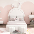 Twin Size Upholstered Rabbit Shape Bed With 2 Storage Stools, Velvet Platform Bed With Cartoon Ears Shaped Headboard, White Twin White Wood