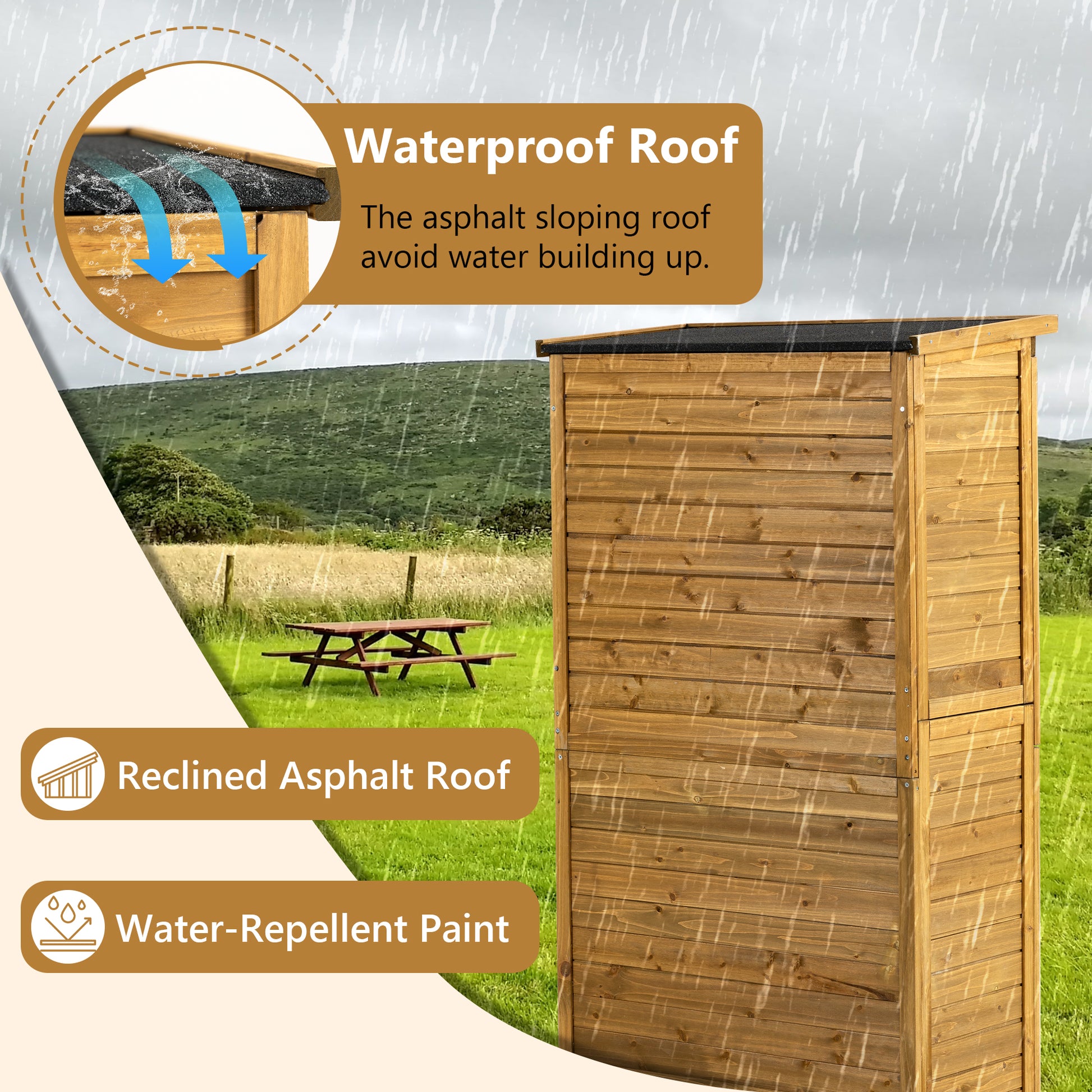 Outdoor Storage Cabinet, Wood Garden Shed, Pool Storage Shed With Lockable Door, Waterproof Roof And 2 Removable Shelves, Vertical Outside Storage Shed For Patio, Backyard And Lawn Natural Wood Wood