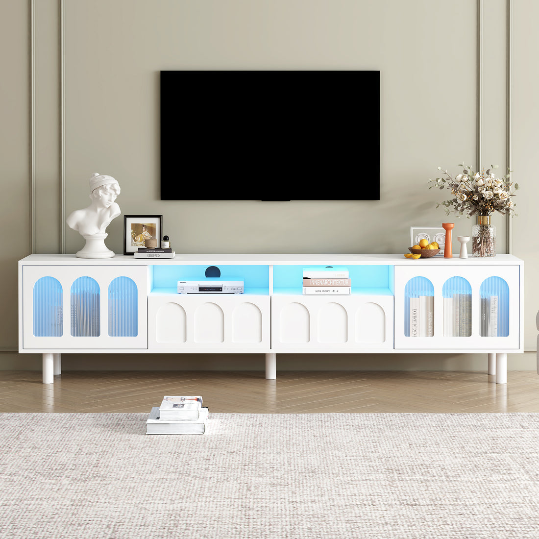 Cream Style Tv Stand With Led Light Strip For Tvs Up To 80'', Graceful Entertainment Center With 5 Solid Wood Legs, Large Storage Media Console With Fluted Tempered Glass Doors, White White 80 89 Inches Particle Board