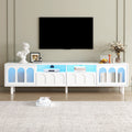 Cream Style Tv Stand With Led Light Strip For Tvs Up To 80'', Graceful Entertainment Center With 5 Solid Wood Legs, Large Storage Media Console With Fluted Tempered Glass Doors, White White 80 89 Inches Particle Board