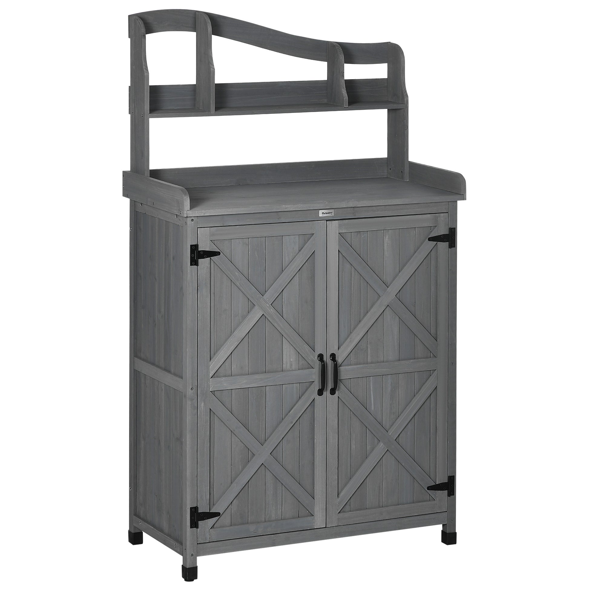 Outsunny Potting Bench Table, Outdoor Storage Cabinet, Multi Function Gardening Bench, Wooden Planting Workstation With Magnetic Doors, For Yard Tools Or Pool Accessories, Gray Dark Grey Wood