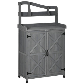 Outsunny Potting Bench Table, Outdoor Storage Cabinet, Multi Function Gardening Bench, Wooden Planting Workstation With Magnetic Doors, For Yard Tools Or Pool Accessories, Gray Dark Grey Wood
