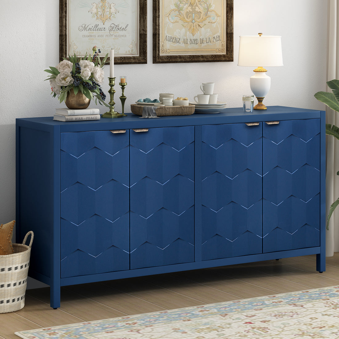 Luxurious Four Door Sideboard With Honeycomb Patterned Doors, Offering Large Storage For Study,Entrance And Living Room Navy Blue Primary Living Space American Design Mdf