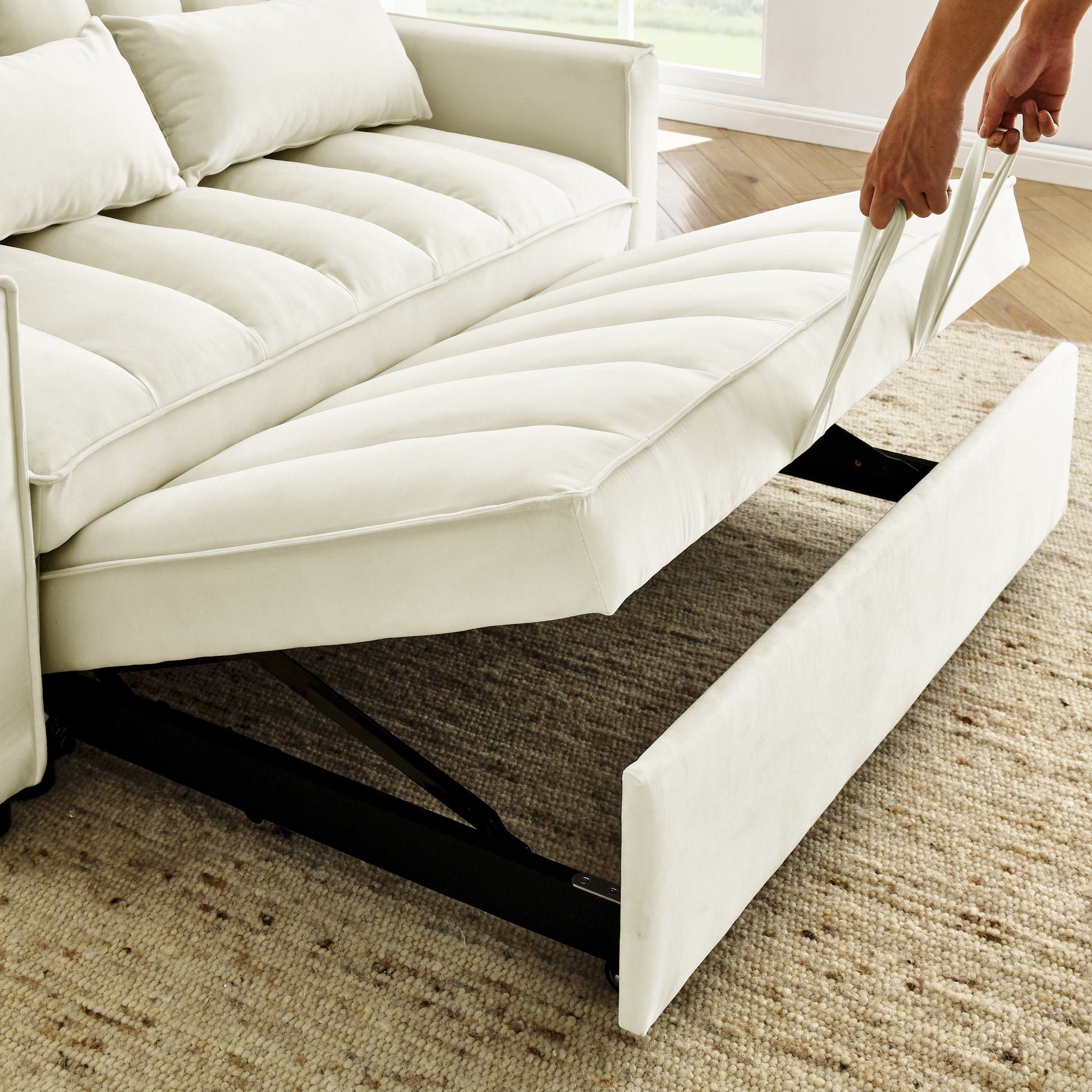 Modern Velvet Seat Sofa Couch Pull Out Bed,3 In One Convertible For Living Room Sofa Bed,Beige Beige Velvet Primary Living Space Cushion Back Medium Soft Medium Duty American Design Pillow Top Arms Foam Velvet 2 Seat