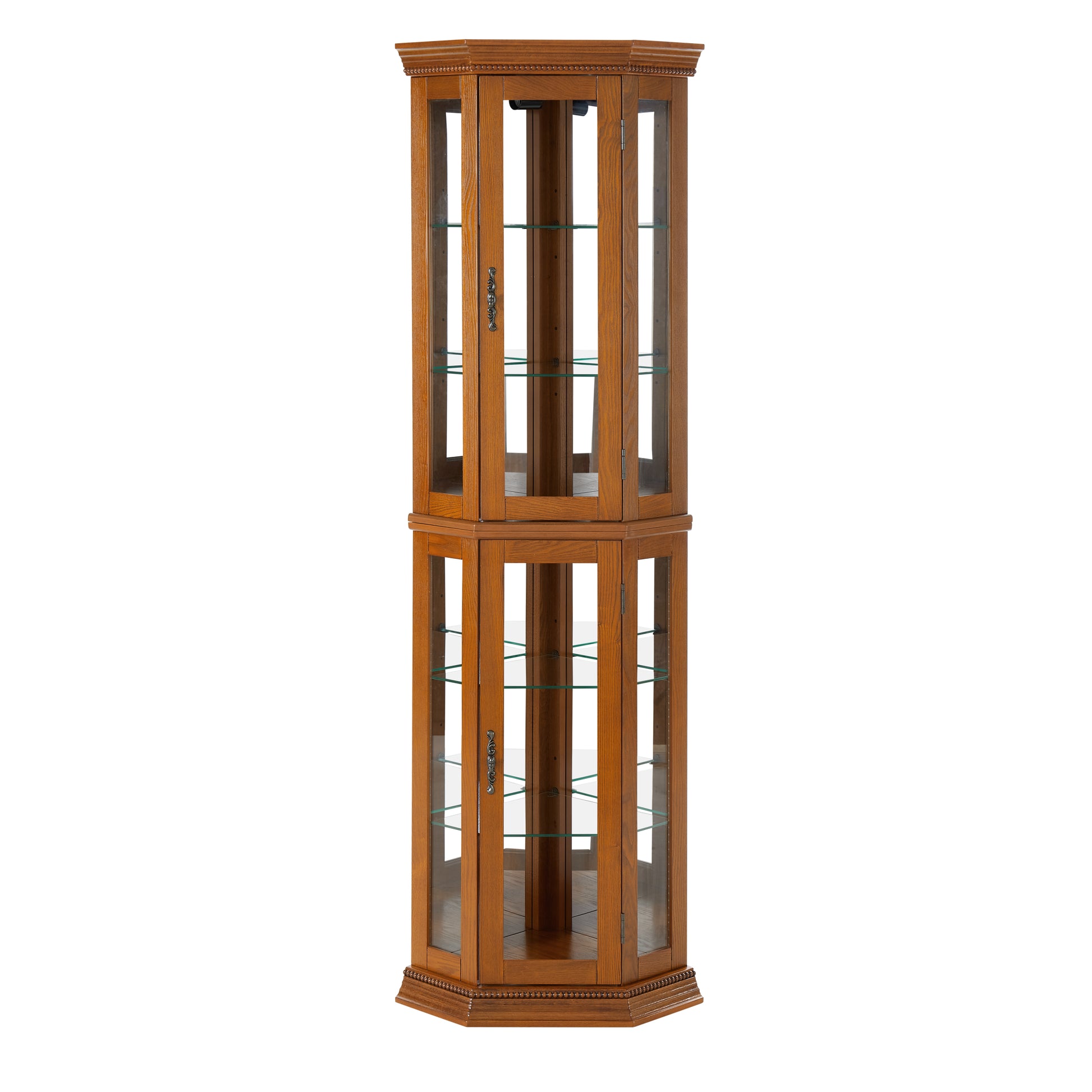 Corner Curio Cabinet With Lights, Adjustable Tempered Glass Shelves, Mirrored Back, Display Cabinet,Oak E26 Light Bulb Not Included Oak Mdf