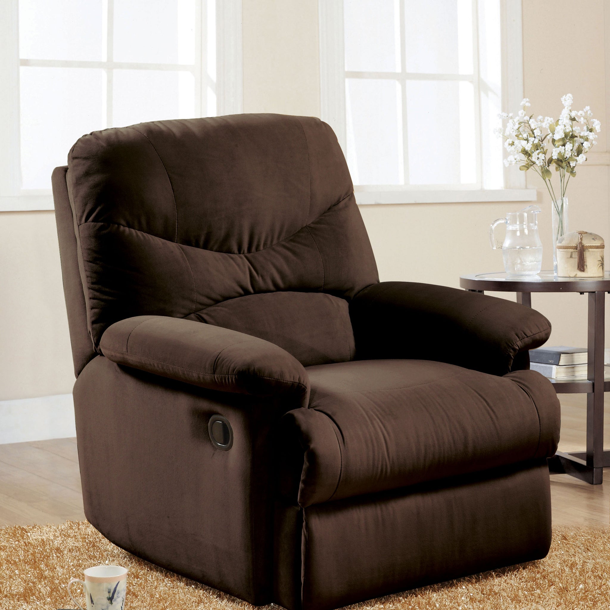 Chocolate Glider Recliner With Pillow Top Armrest Chocolate Microfiber Manual Handle Metal Primary Living Space Tight Back Handle Pillow Top Arms Fabric Metal