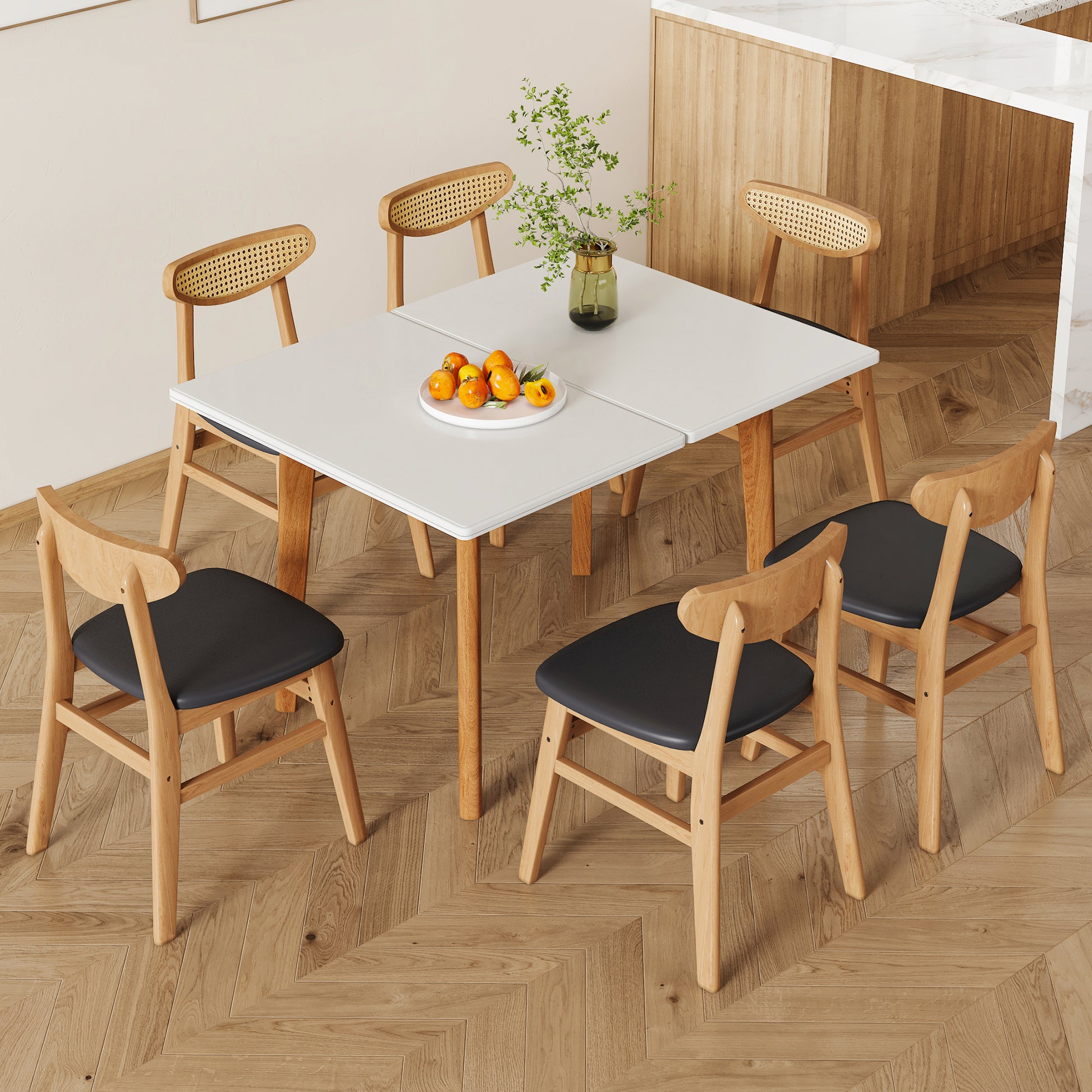 Table And Chair Set. White Sintered Stone Tabletop, Rubberwood Legs, Foldable Computer Desk, Foldable Desk. Solid Wood Dining Chair With Small Curved Backrest And Pu Cushions. Zd 1545 Dx 2361 Wood Seats 6 Wood