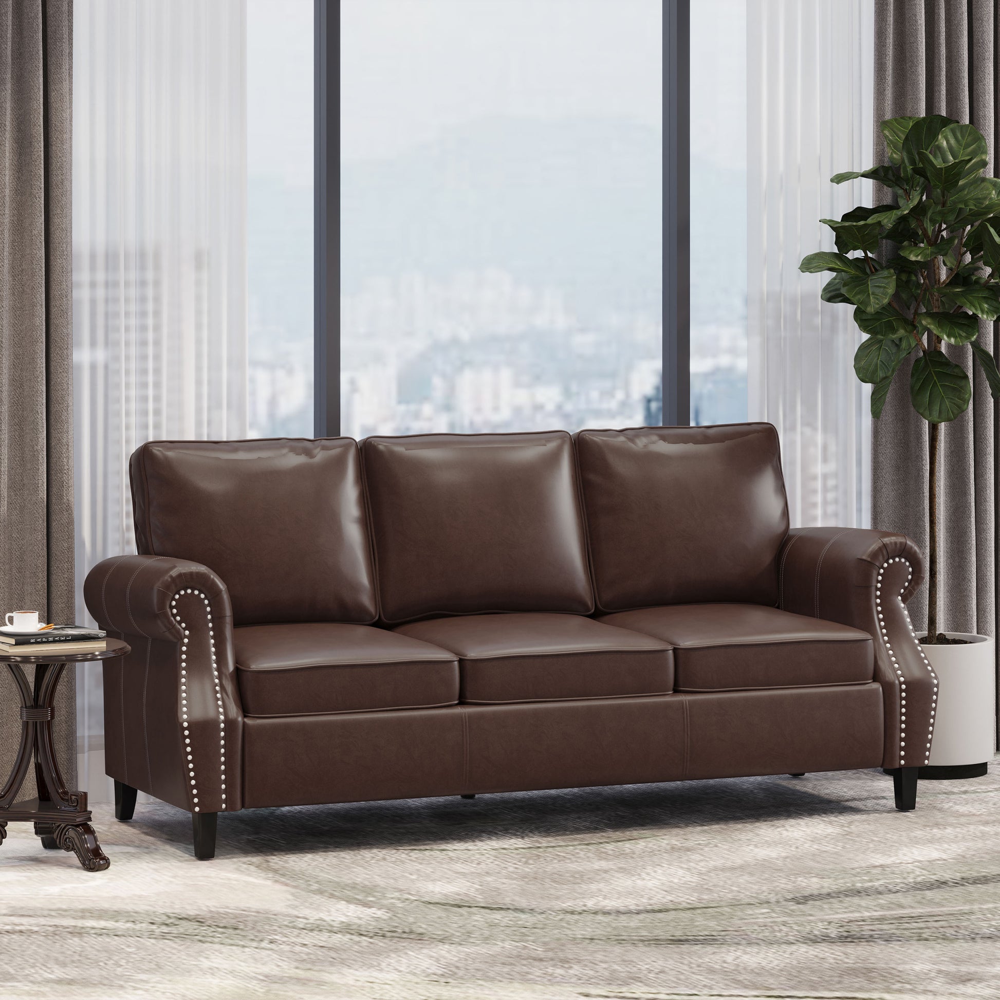 3 Seater Sofa Dark Brown Faux Leather 3 Seat