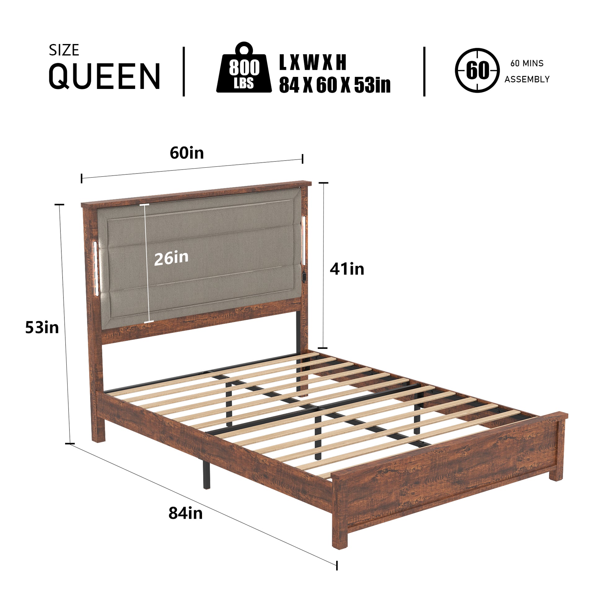 Queen Size Bed Frame With Upholstered Headboard, Queen Bed Frame With Charging Station And Led Lights, Wood Slats, Dark Gray Linen, No Box Spring Needed, Easy Assembly Box Spring Not Required Queen Brown Grey Wood Bedroom Bed Frame Linen Mdf Metal