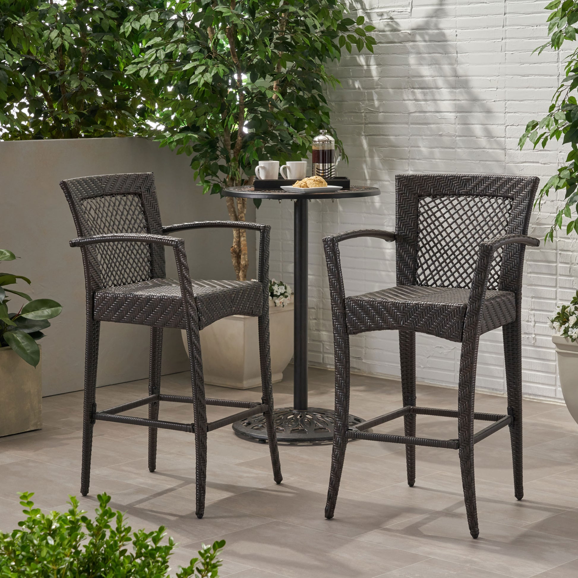 Outdoor 46" Wicker Barstool Set Of 2 , Multi Brown Finish No Brown Multi Garden & Outdoor Wicker