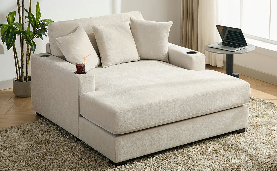 55" Oversized Chaise Lounger Modern Style Sofa Couch ,With Pillows, Charge Station & Cup Holders, Chenille Fabric, Cream Cream Chenille