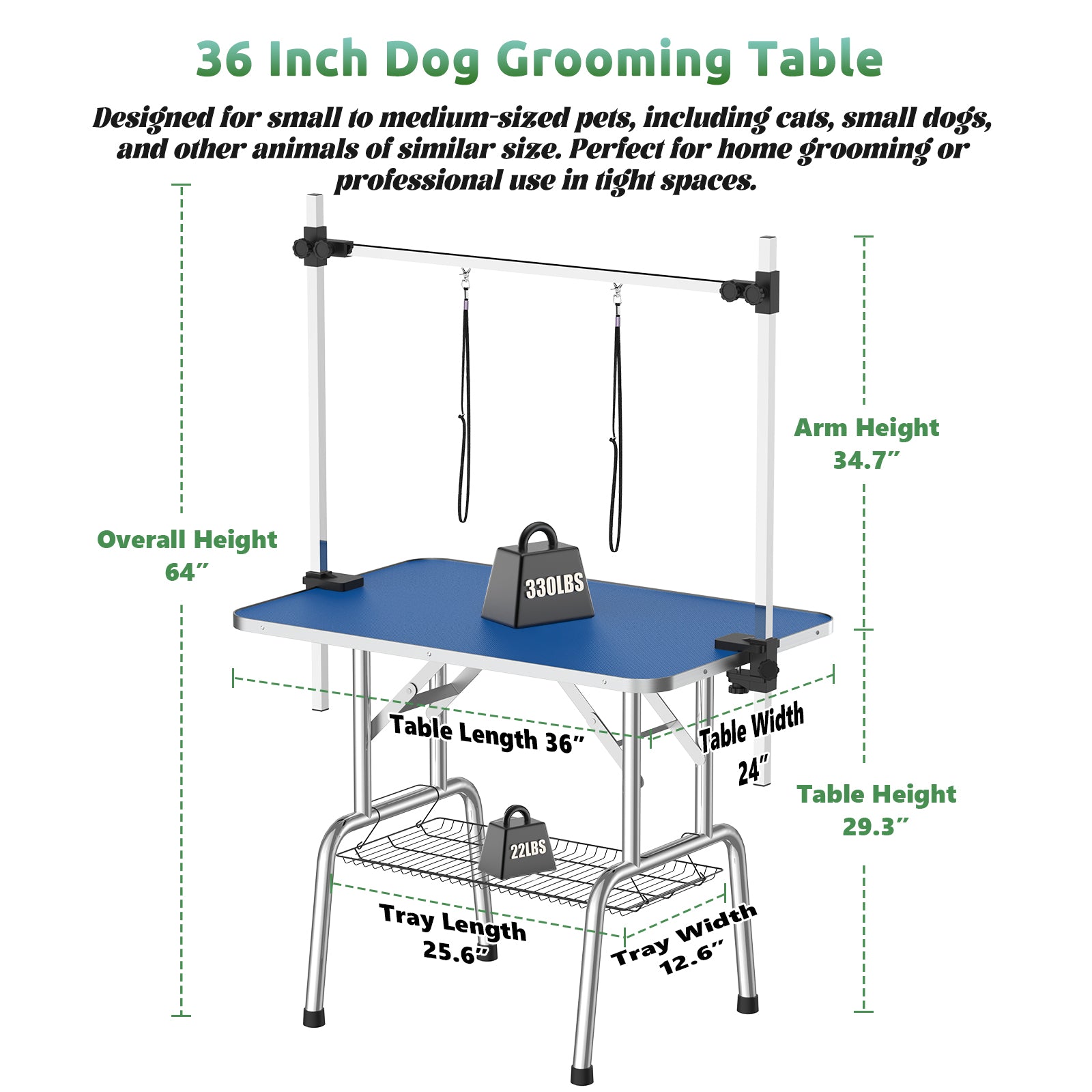 36 Inch Foldable Dog Grooming Table For Home With Adjustable Arm, Noose, Non Slip Surface, And Storage Mesh Tray Blue Mdf Metal