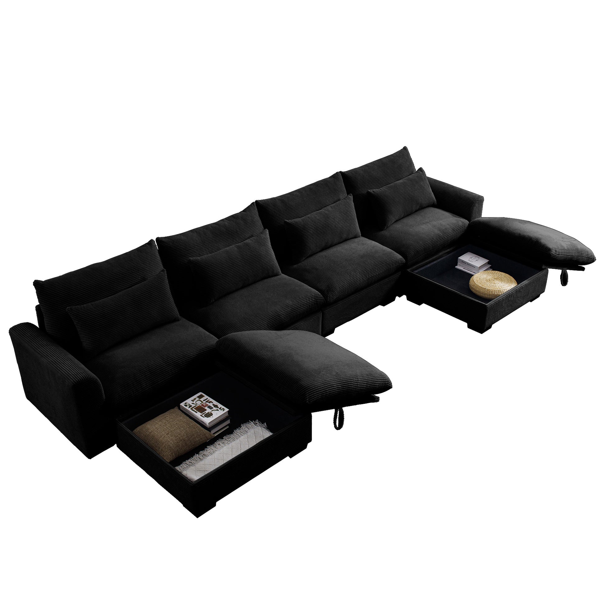 Big Deep Seat U Shaped Corduroy Sectional Couches For Living Room, 4 Seater Sofa Couch With 2 Storage Footstool And 4 Waist Pillows Corduroy, Black Black Corduroy 4 Seat