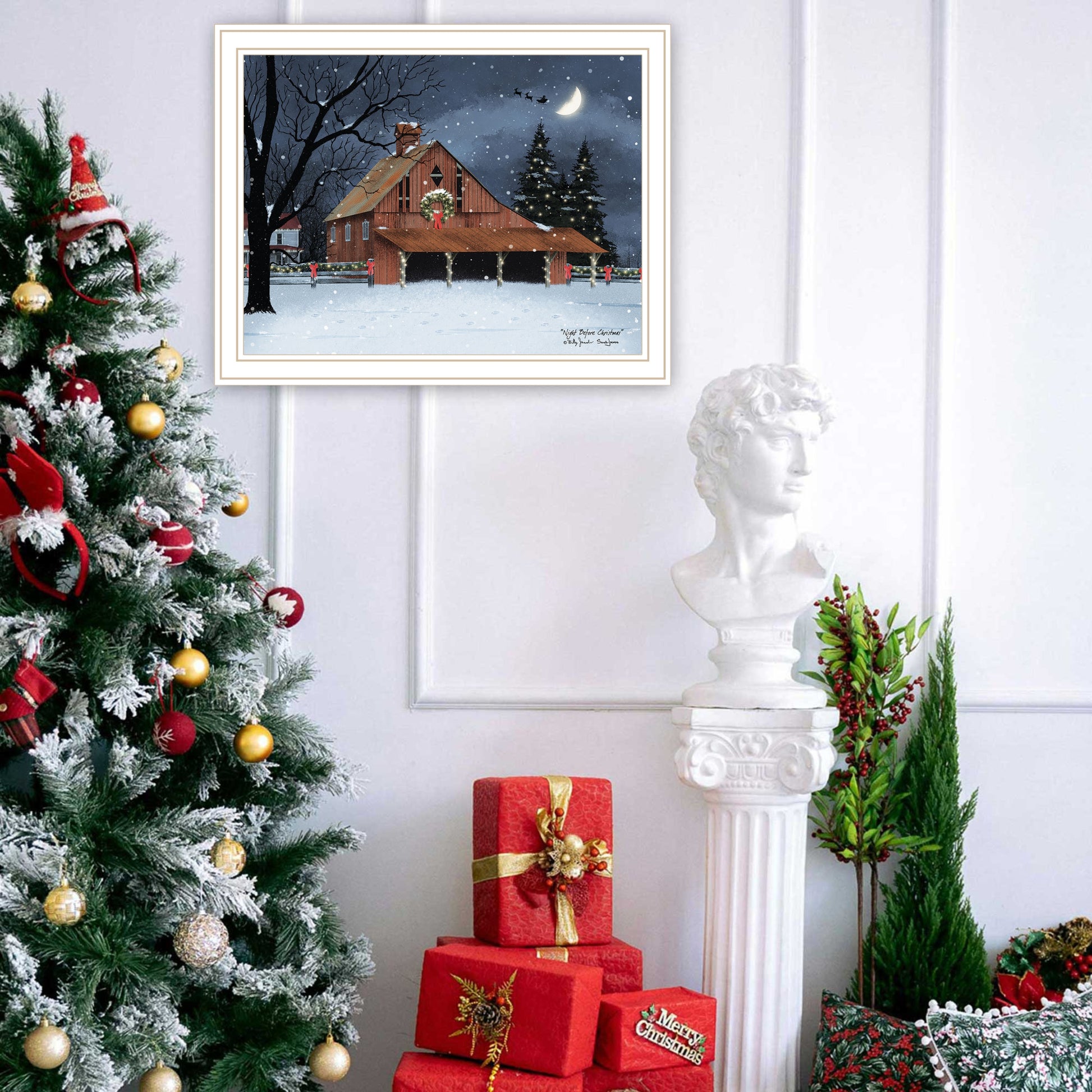 Night Before Christmas White Framed Wall Art For Living Room, Bedroom Wall Art Print For Home Decor By Billy Jacobs Multi Wood Paper