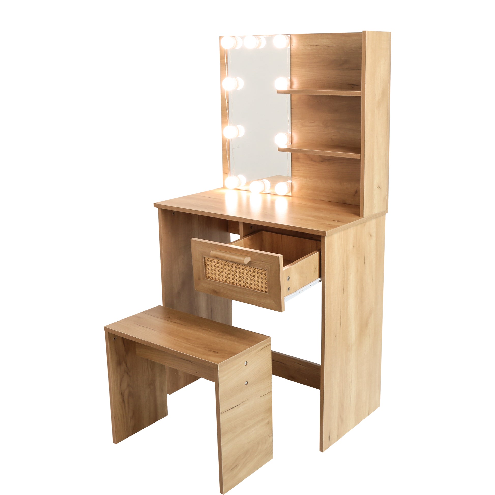 Vanity Desk Set Stool & Dressing Table With Led Lighting Mirror Drawer And Compartments Modern Wood Cosmetic Table Chest Of Drawers Nature Color Natural Wood Particle Board