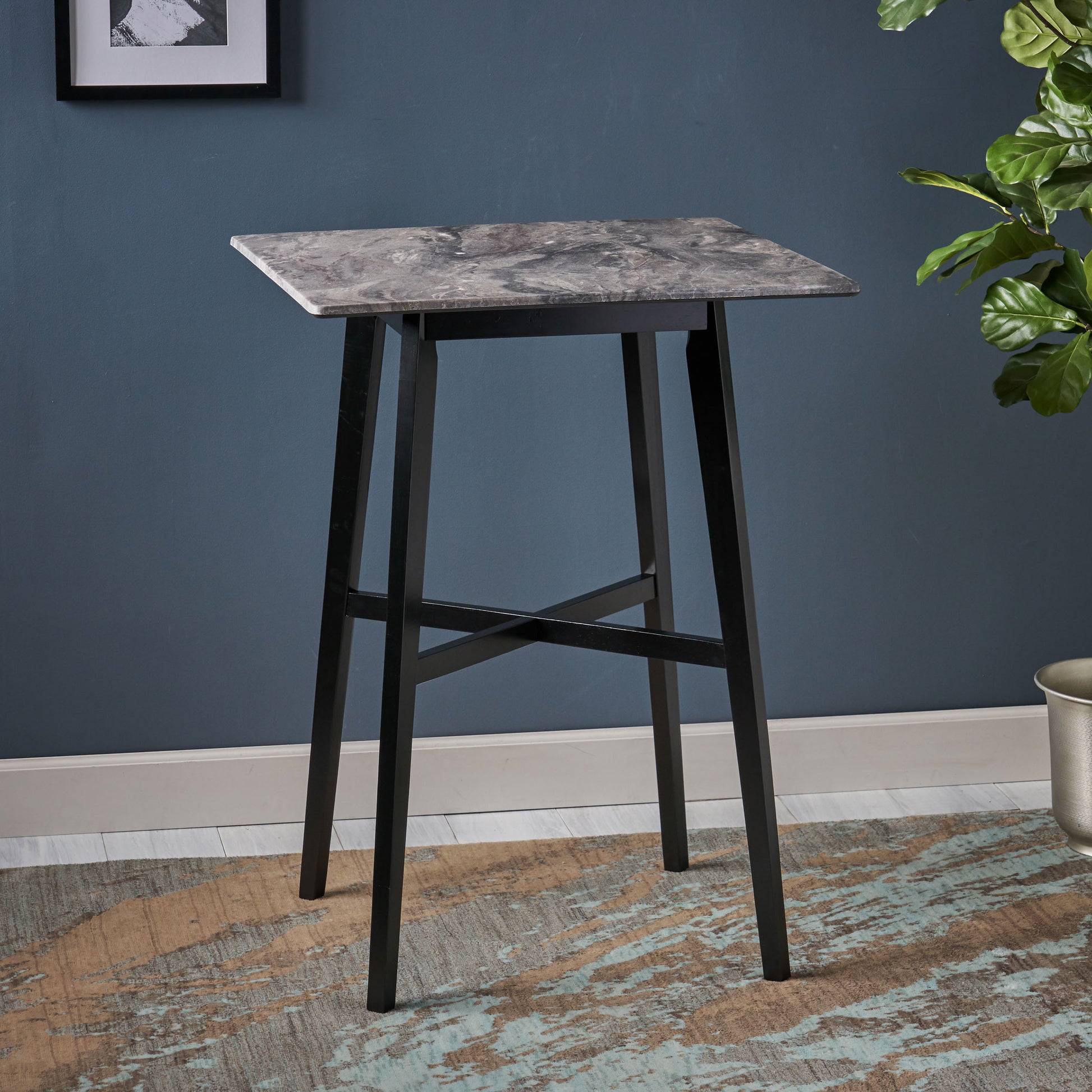 Modern Bar Height 42" Dining Table, Rubberwood Legs And Laminate Table Top, Paladina Marble Finish, Black Grey Black Rubberwood Square Mdf