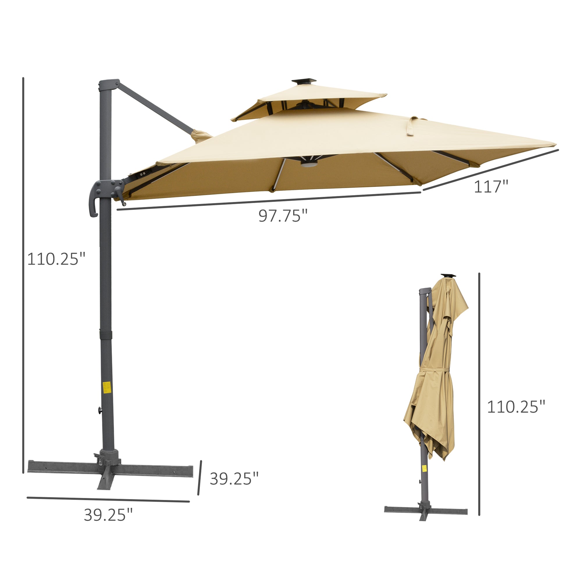 Outsunny 10Ft Cantilever Patio Umbrella With Solar Led Lights & Power Bank, Double Top Outdoor Offset Umbrella With 360 Rotation, Tilt, Crank & Cross Base For Garden, Khaki Khaki Aluminium