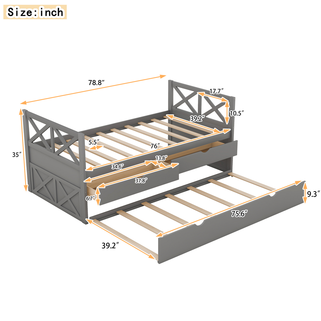 Multi Functional Daybed With Drawers And Trundle, Gray Box Spring Not Required Twin Gray Wood Pine Daybeds Pine