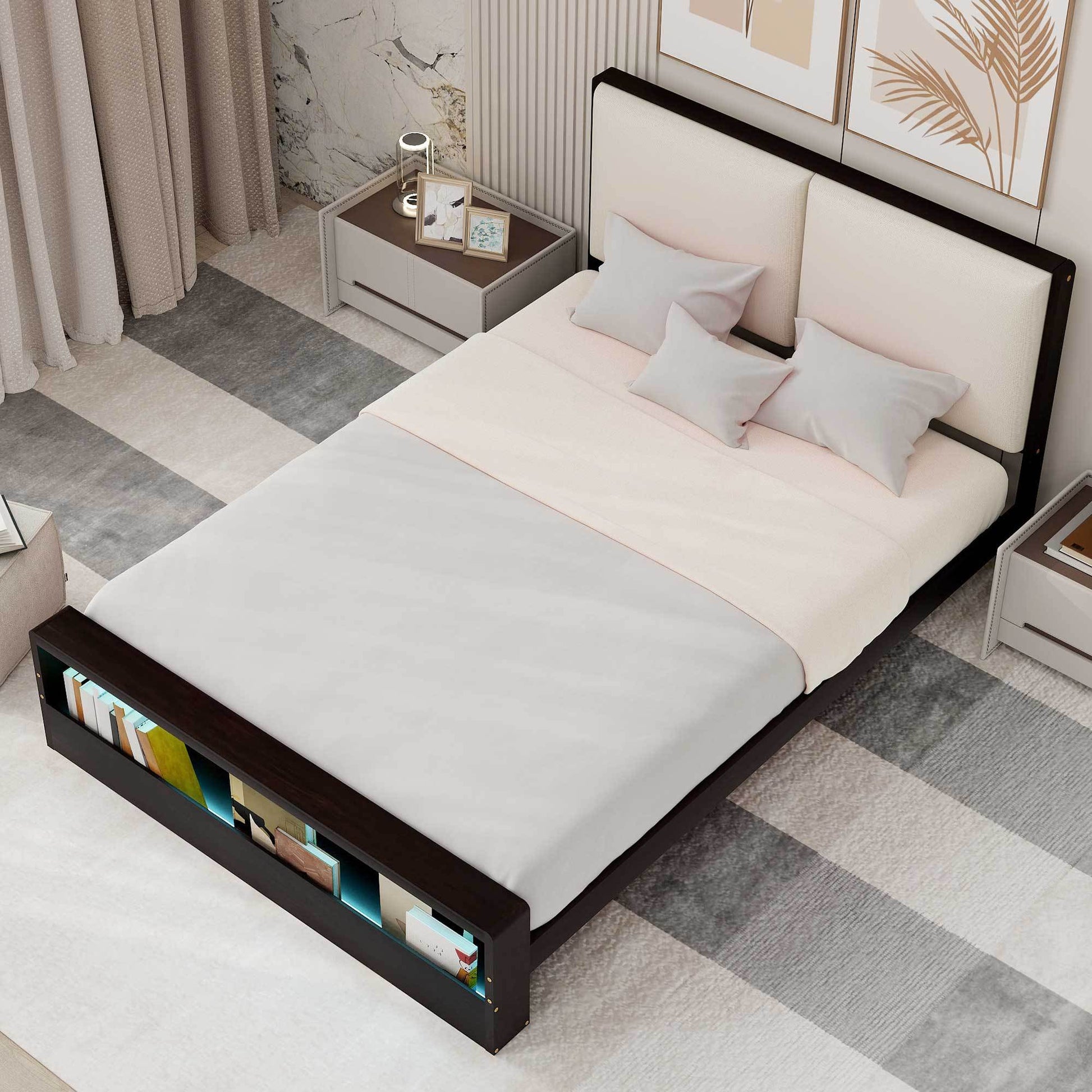 Queen Size Platform Bed Frame With Upholstery Headboard And Bookshelf In Footboard And Led Light Strips, Espresso Queen Espresso Solid Wood Mdf
