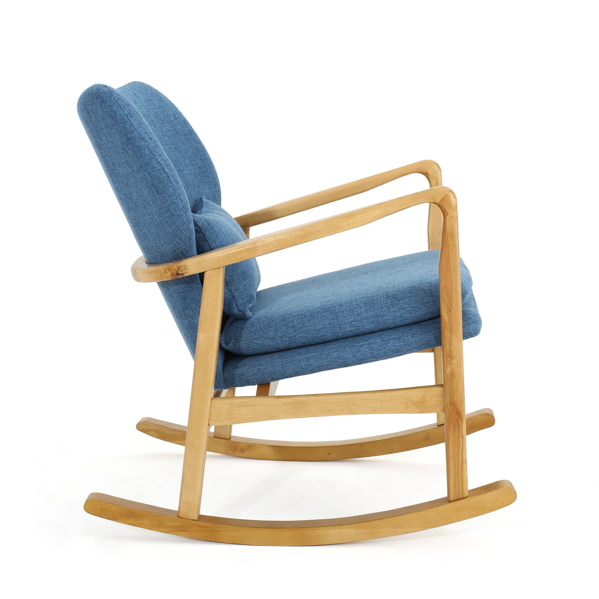 Elegant Solid Wood Rocking Chair With Blue Linen Cushion Blue Fabric