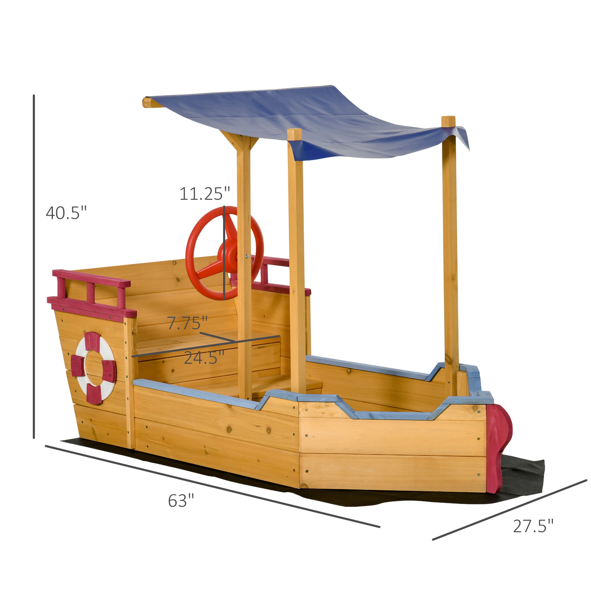 Outsunny Pirate Sandbox With Cover And Rudder, Wooden Sandbox With Storage Bench And Seat, Outdoor Toy For Kids Ages 3 8 Years Old Orange Wood