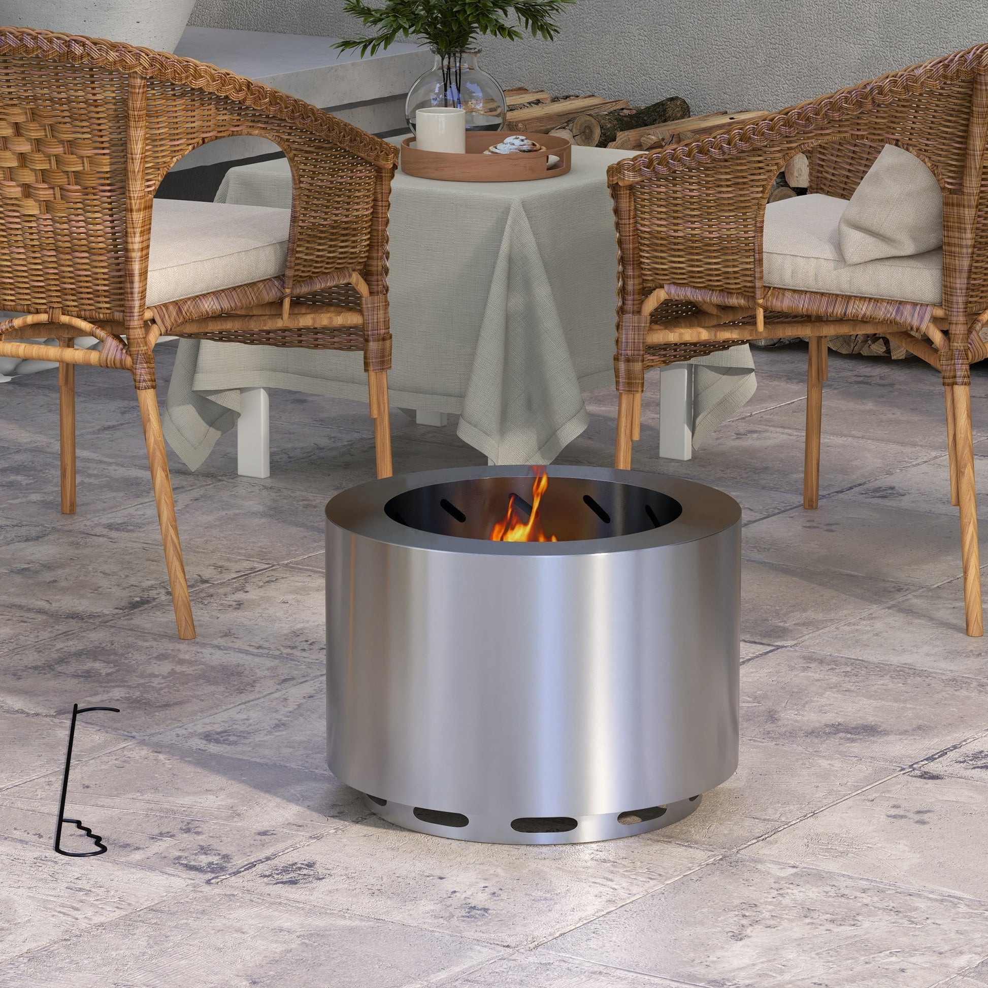 Outsunny Smokeless Fire Pit, 19" Portable Wood Burning Firepit With Poker, Low Smoke Camping Bonfire Stove For Backyard Patio Picnic, Stainless Steel, Silver Silver Stainless Steel