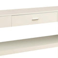 Stub 47 Inch Sofa Console Table, Glossy White Wood, Glass Panels, 1 Drawer White Wood