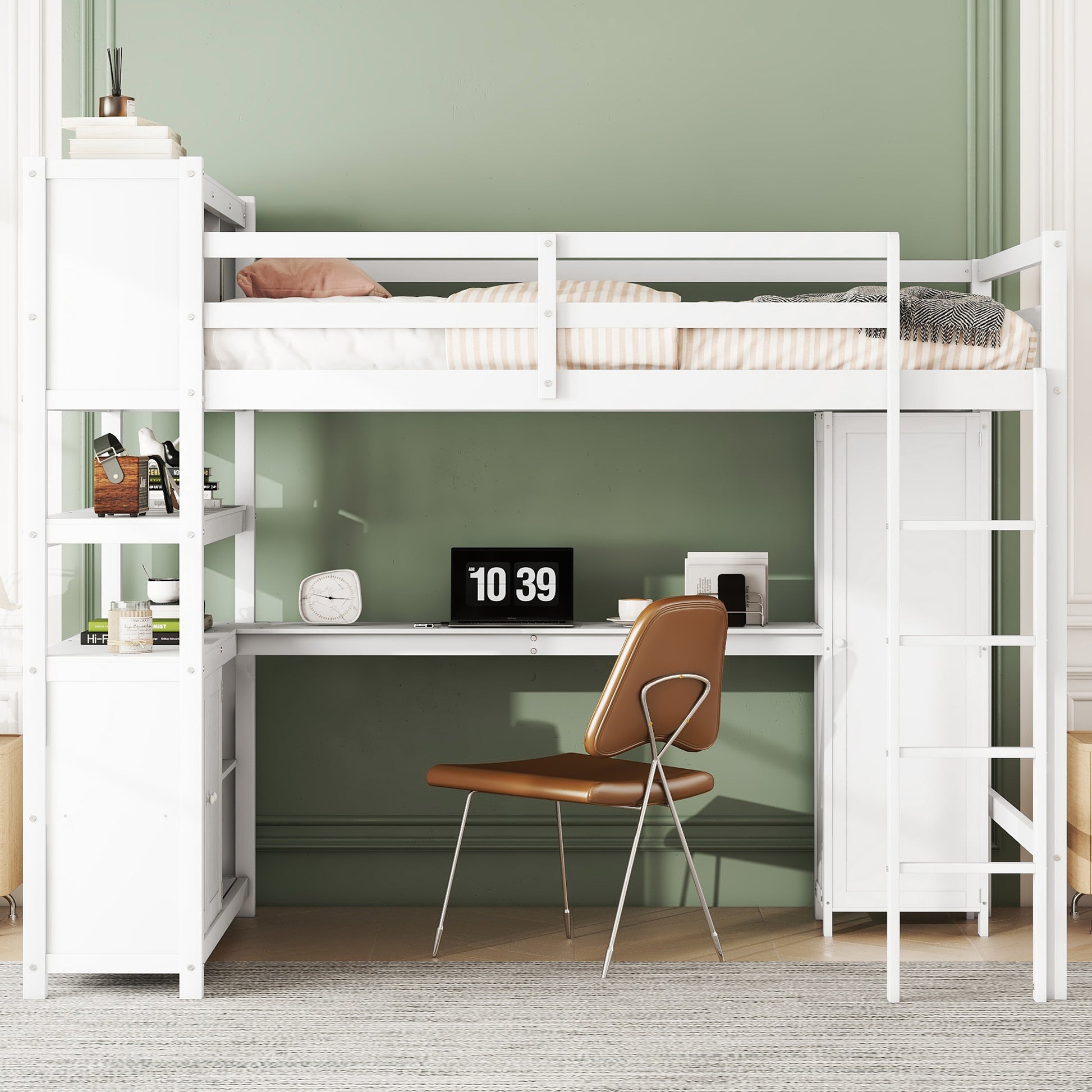 Wood Loft Bed With Cabinet And Bookshelf, Full Size Loft With Wardrobe And Desk For Kids,White Expect Arrival Date 2024 8 25 Full White Pine