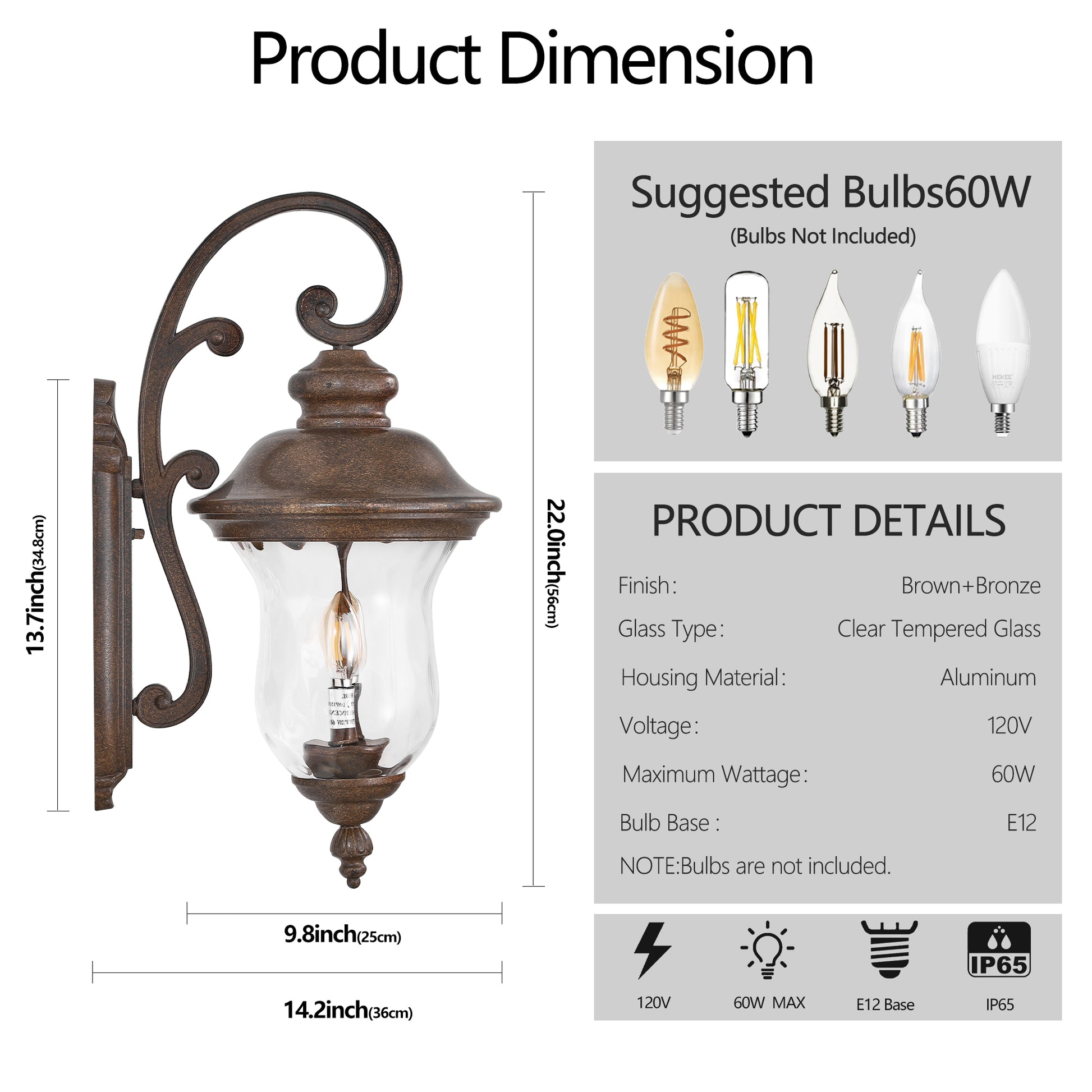 Vintage Outdoor Wall Lantern, Weatherproof Exterior Sconce Light With Clear Glass Shade, Waterproof Wall Mount Light Fixture For Patio, Porch, Or Entryway One Piece&No Bulb Brown Bronze