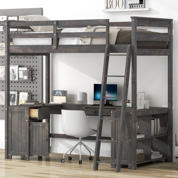 Twin Size Loft Bed With U Shaped Desk, Drawers And Storage Shelves, Antique Brown Box Spring Not Required Twin Antique Brown Wood Bedroom Solid Wood Mdf