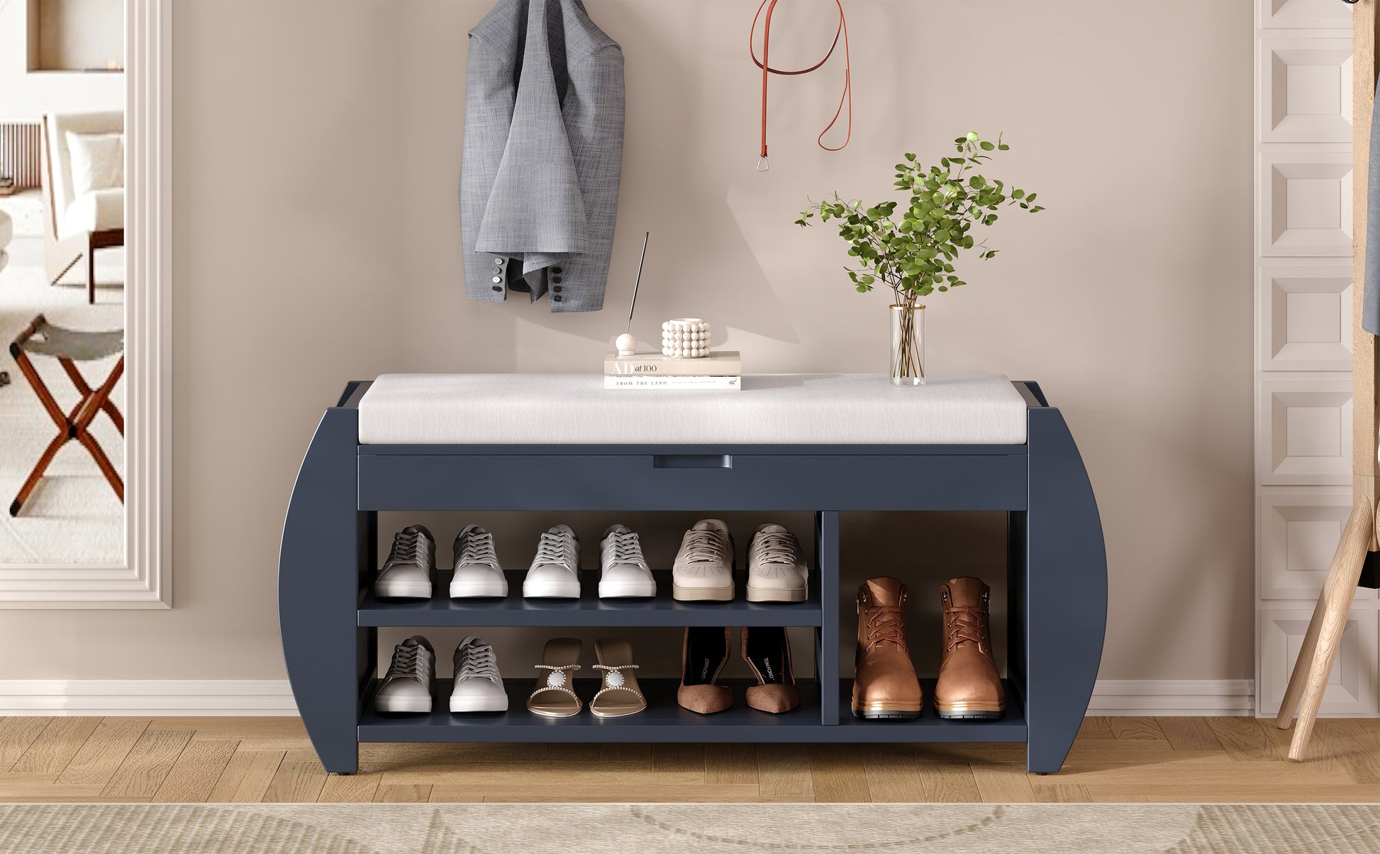 Retro Multifunctional Storage Bench With Cushion And Curved Side Panel For Entrance And Living Room Antique Navy Antique Navy Mdf