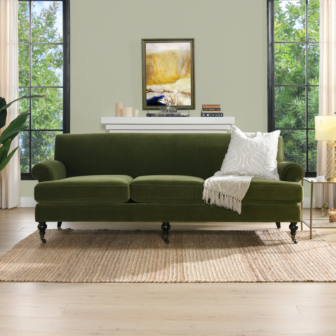 Alana Lawson Three Cushion Tightback Sofa, Olive Green Performance Velvet Green Foam Velvet 3 Seat