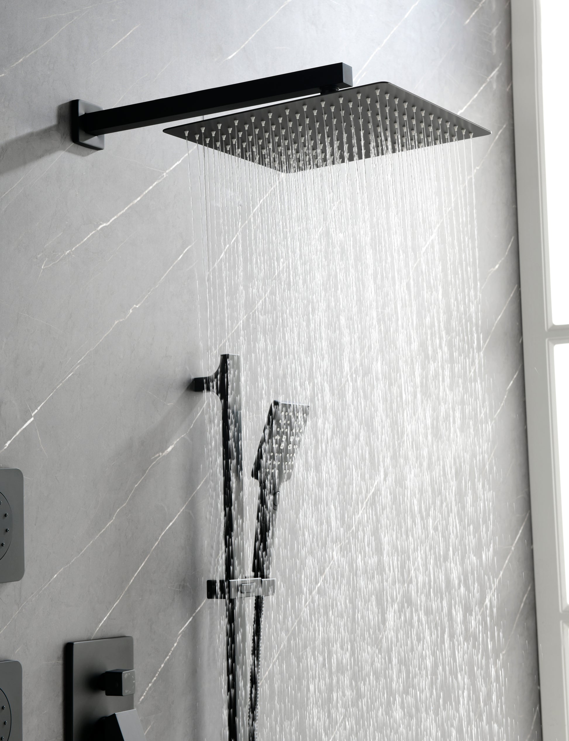 Wall Mounted Shower System In Matte Black With Shower Head, Handheld Shower, 3 Body Jets Matte Black Brass Brass