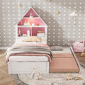 Twin Size House Shaped Bed With Bookcase Headboard And Led Light And Twin Size Trundle For Kids Boys Girls, Pink White Box Spring Not Required Twin White Pink Wood Bedroom Cute Bed Frame Wood