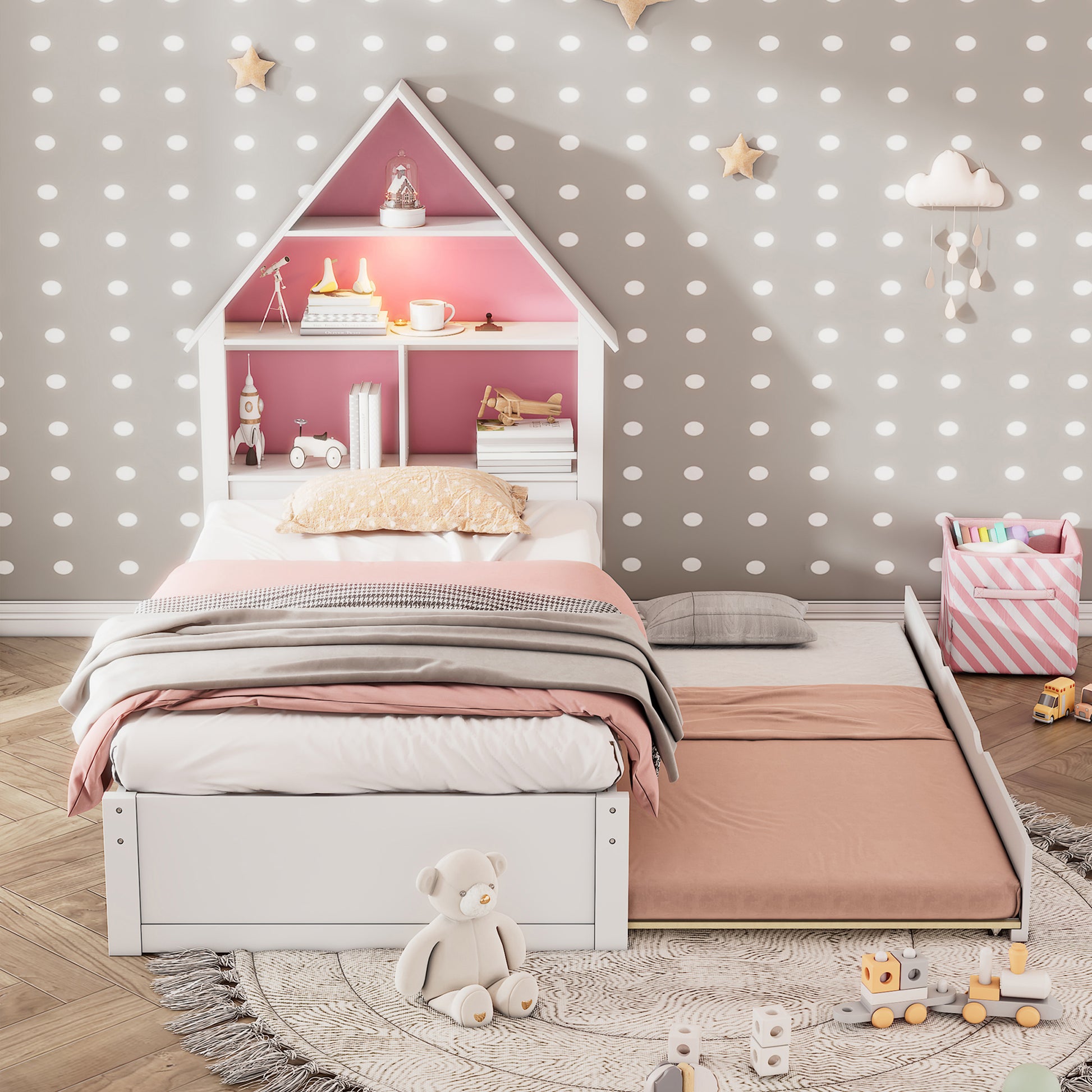 Twin Size House Shaped Bed With Bookcase Headboard And Led Light And Twin Size Trundle For Kids Boys Girls, Pink White Box Spring Not Required Twin White Pink Wood Bedroom Cute Bed Frame Wood