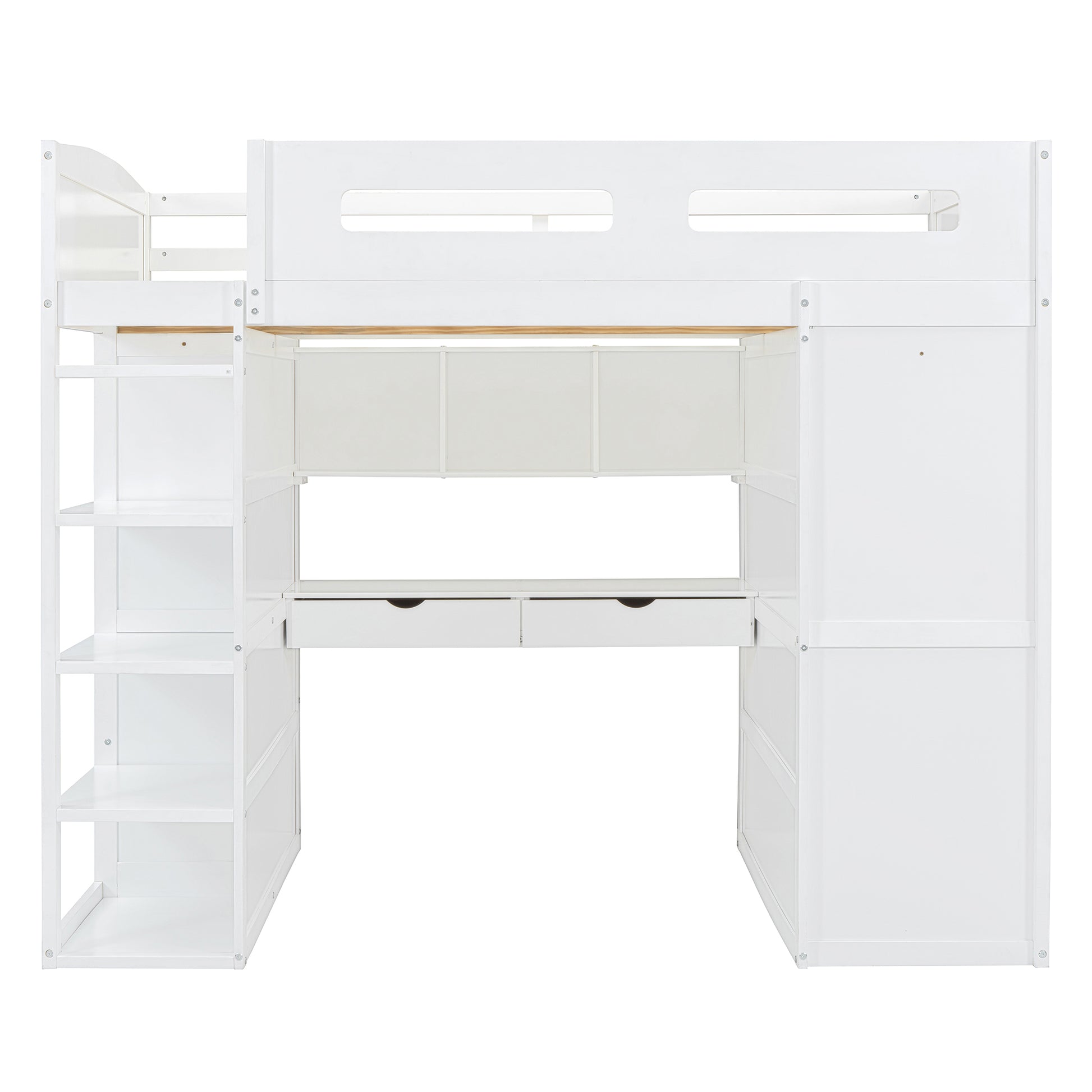 Full Size Loft Bed With Desk, Wardrobes, 4 Drawers And 4 Shelves White Full White Solid Wood