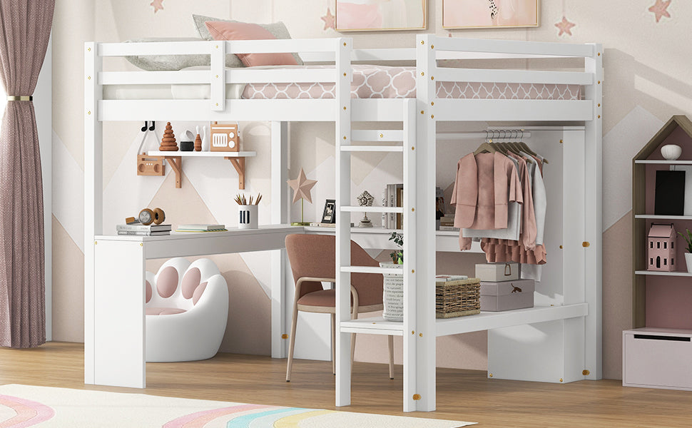 Full Size Loft Bed With L Shaped Desk, Wardrobe And Storage Shelves, White Expected Arrival Time: 8.31 Box Spring Not Required Full White Wood Bedroom Solid Wood Mdf