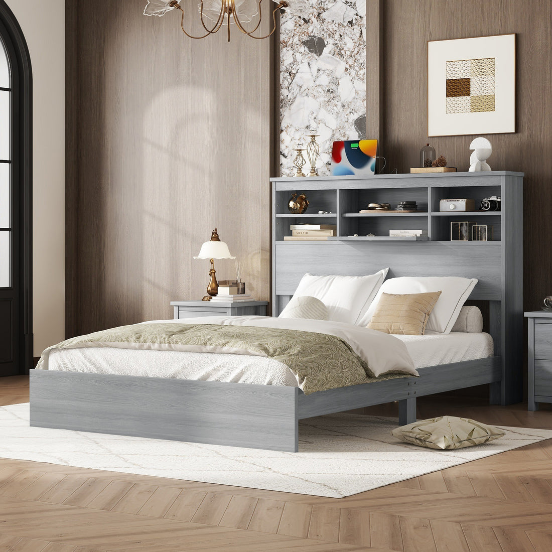 Queen Size Vintage Platform Bed,With Storage Headboard And Charging Station, Light Gray Queen Light Gray Mdf