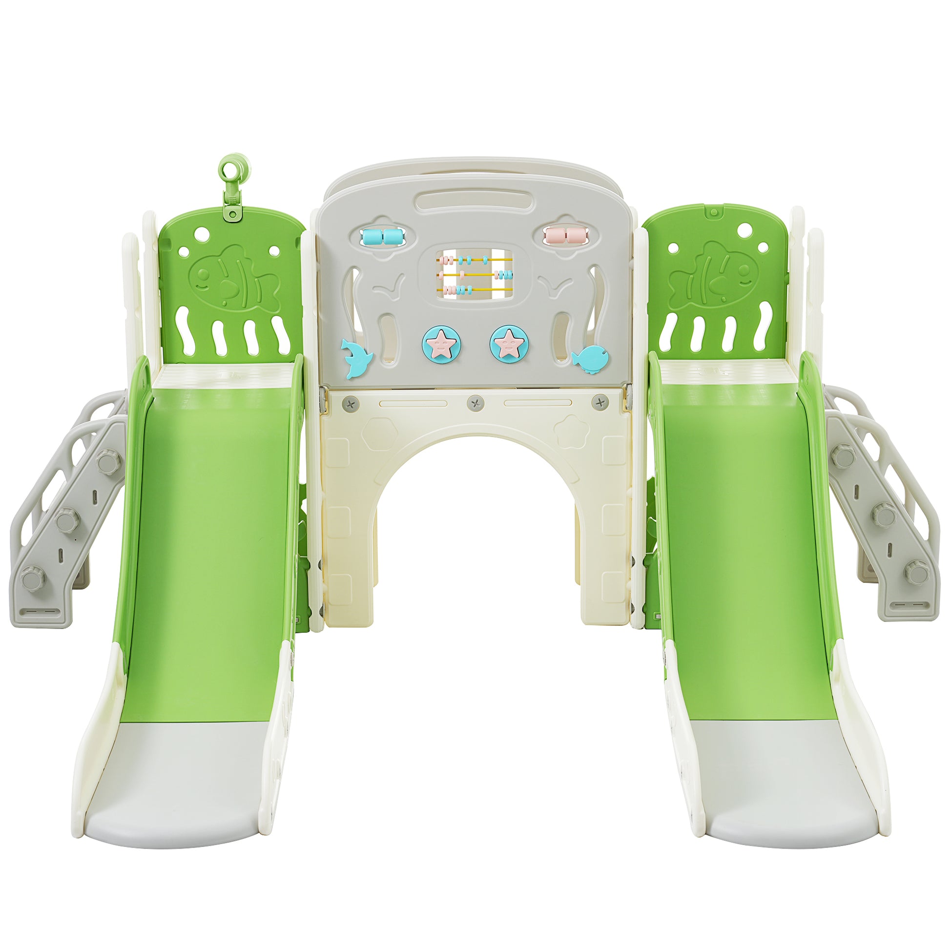Kids Slide Playset Structure 8 In 1, Freestanding Ocean Themed Set With Slide, Arch Tunnel,Basketball Hoop And Telescope, Double Slides For Toddlers, Kids Climbers Playground Green 50 99 Lbs Cute 1 To 2 Years Hdpe Indoor & Outdoor Use
