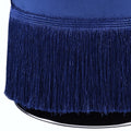 Midnight Blue Round Ottoman With Fringe Blue Velvet Primary Living Space Backless Solid Blue Round Armless Velvet