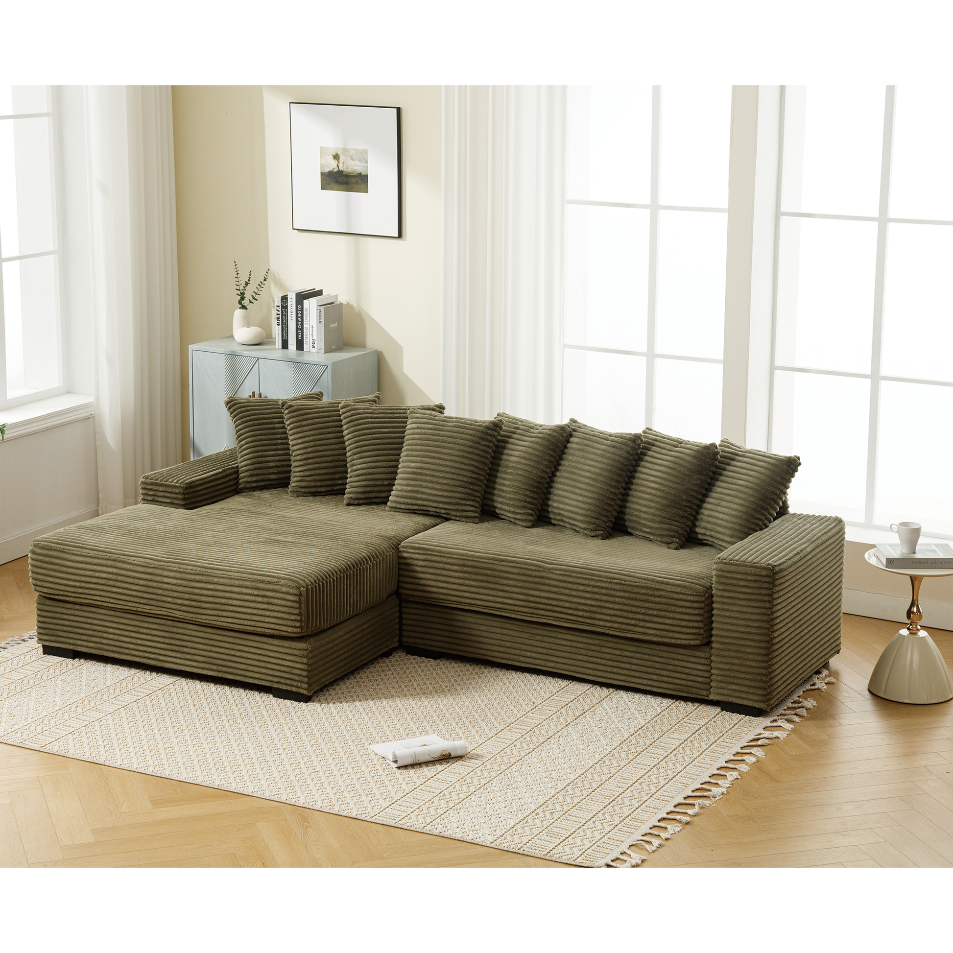 Arrived Oversized Two Piece Couches, L Shaped Sofa, Corduroy, Left Chaise Daybed,With Armrests,Eight Throw Pillows,Corner Sofa,Easy To Assemble, Green Green Polyester Wood Primary Living Space Medium Soft Pillow Back Modern Square Arms Wood 3 Seat