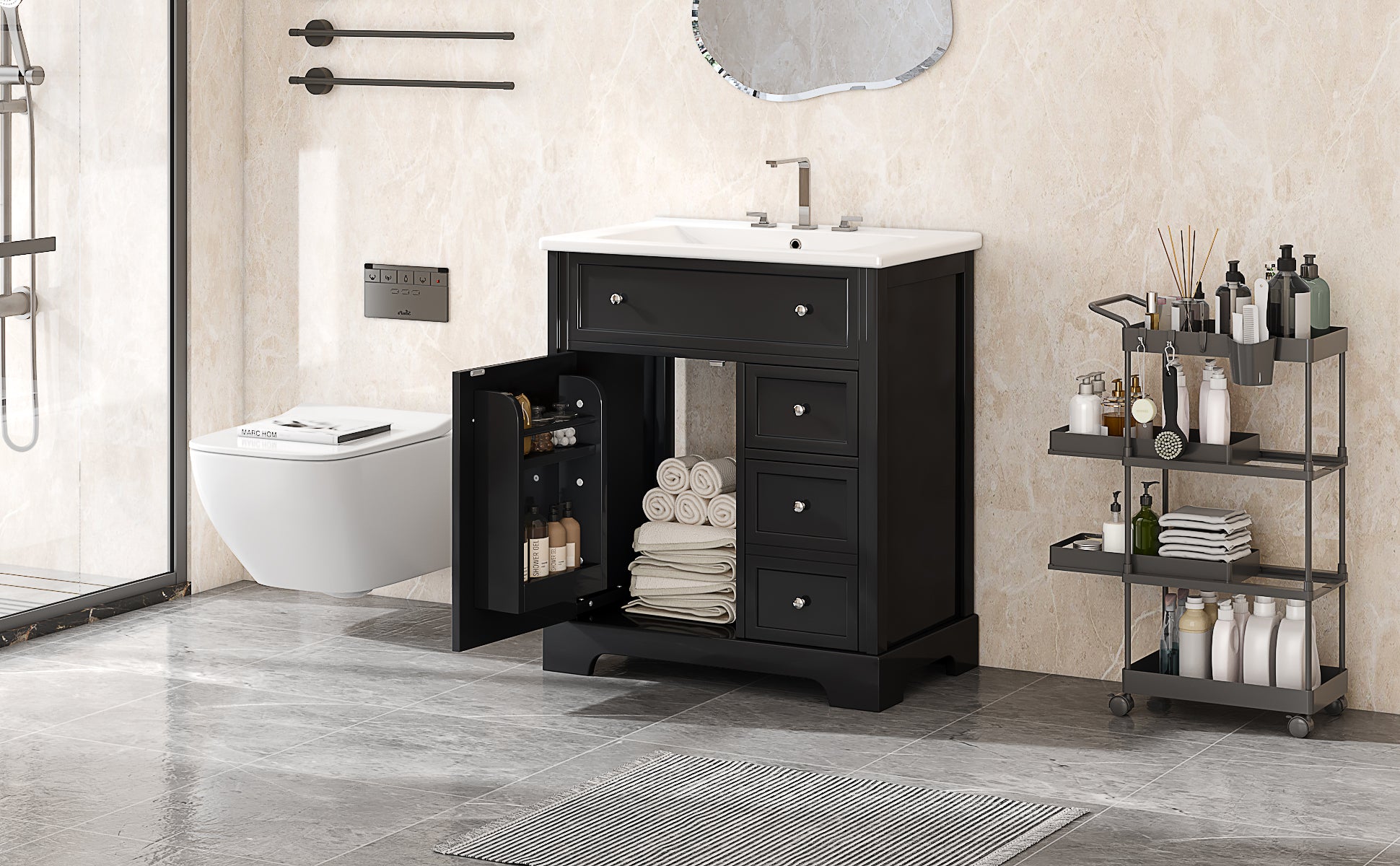 30" Bathroom Vanity With Sink Top, Bathroom Vanity Cabinet With Door And Two Drawers, Mdf Boards, Solid Wood, One Package, Black Black Solid Wood Mdf