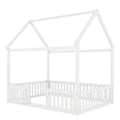 Full Size Wood House Bed With Fence And Door, White Old Sku: Wf303134Aak Box Spring Not Required Full White Wood Bedroom Bed Frame Pine