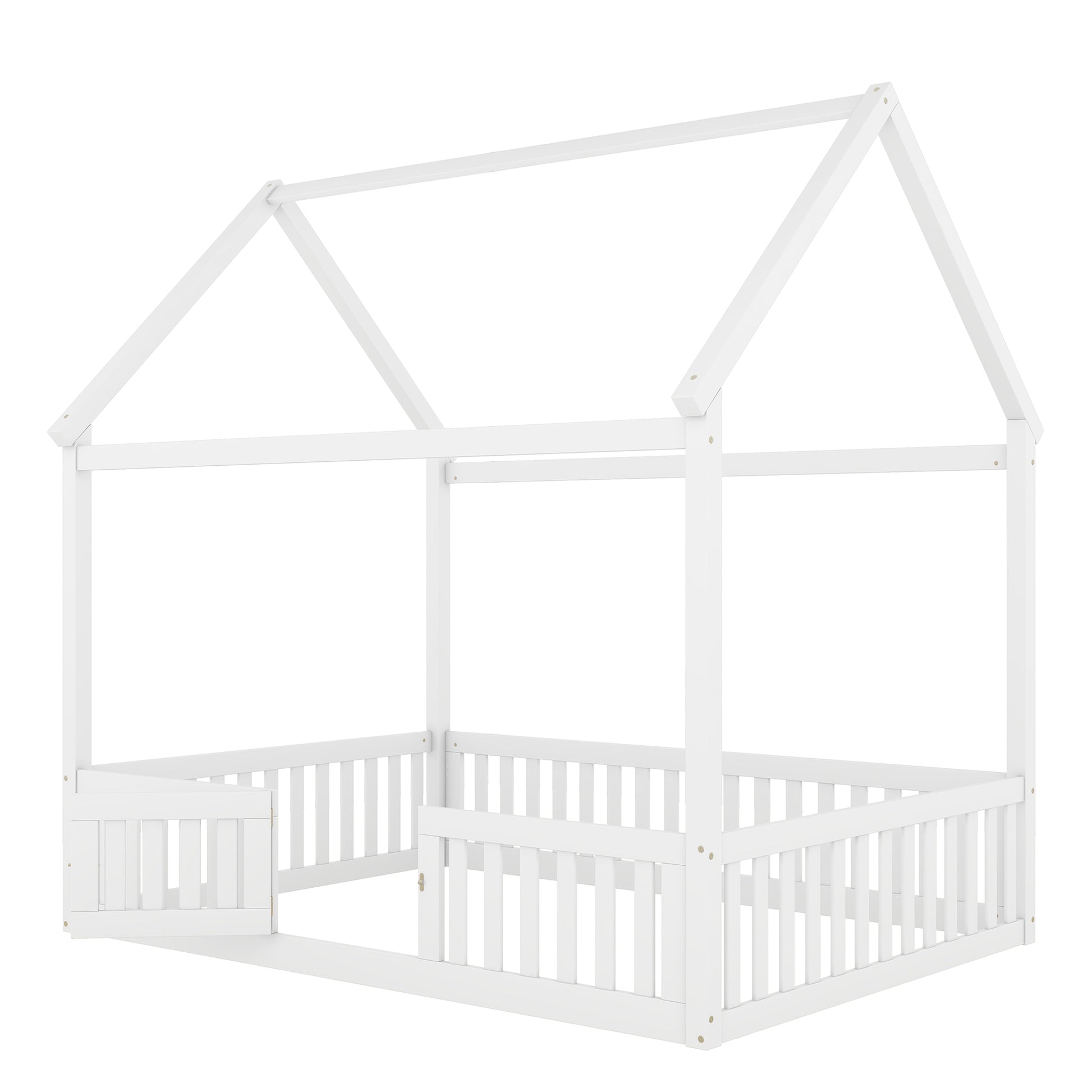 Full Size Wood House Bed With Fence And Door, White Old Sku: Wf303134Aak Box Spring Not Required Full White Wood Bedroom Bed Frame Pine