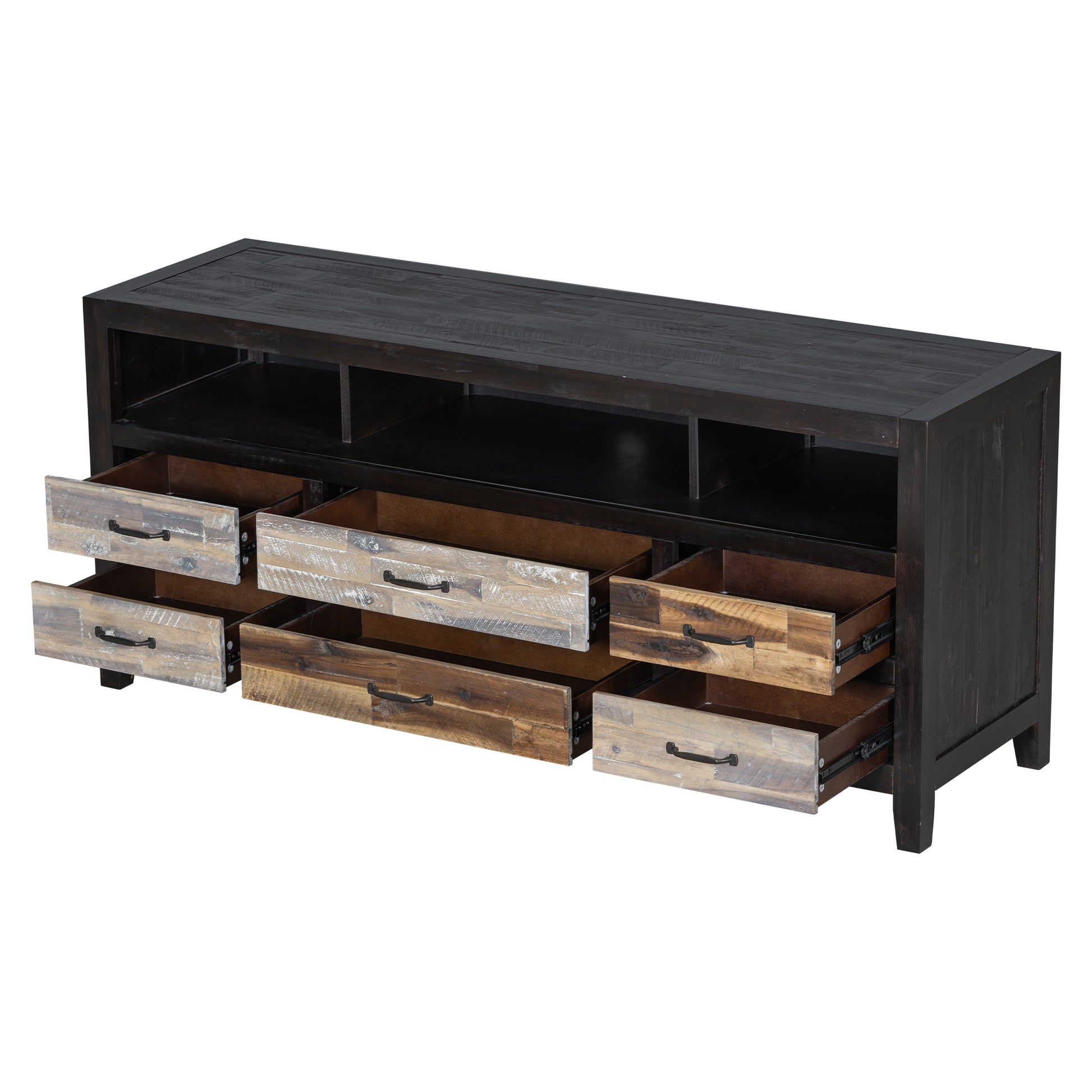 Retro Distressed Wooden Tv Stand For Tvs Up To 65 Inches, Entertainment Center Media Console With 6 Drawers And 3 Shelves For Living Room, Black Black 60 69 Inches Solid Wood Mdf