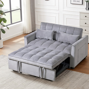 3 In 1 Convertible Sleeper Sofa Bed, Modern Pull Out Couch Bed, Adjustable Backrest, Velvet Loveseat Futon Sofa With Pillows & Pockets For Living Room Apartment, Grey Cement Grey Velvet Wood Primary Living Space Soft Cushion Back Art Deco Oak Square Arms