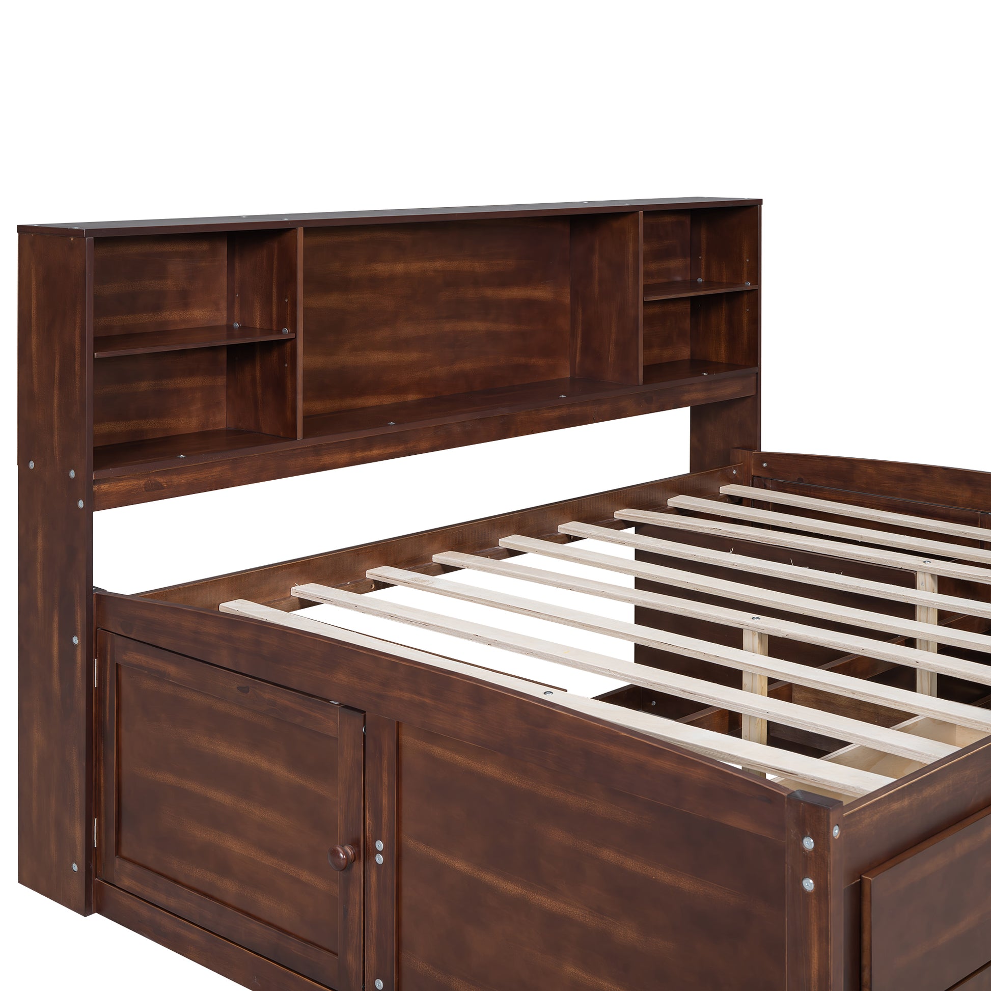 Full Size Wooden Captain Bed With Built In Storage Shelves, 4 Drawers And 2 Cabinets, Antique Brown Box Spring Not Required Full Antique Brown Wood Bedroom Bed Frame Solid Wood Mdf